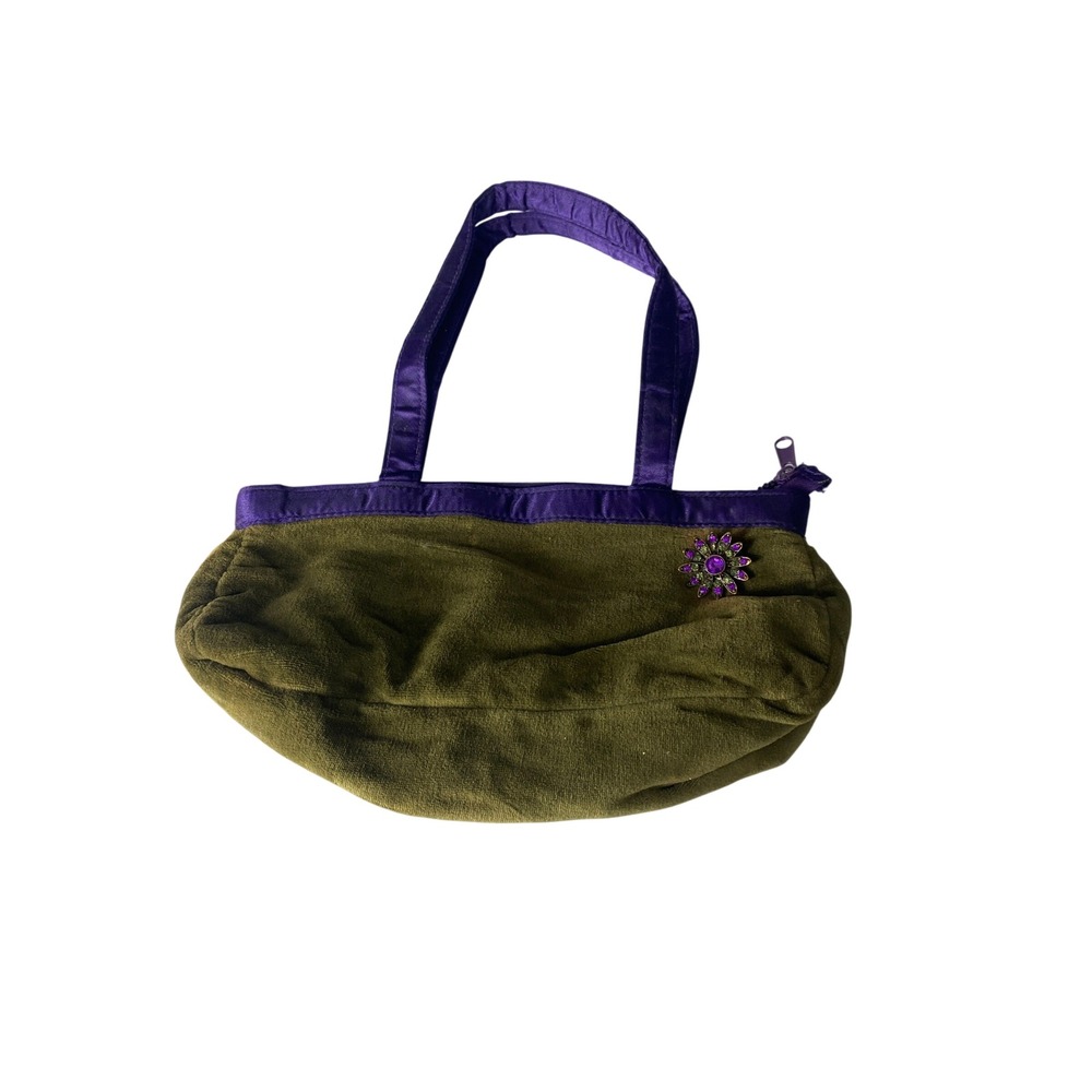 Vintage Green Velvet Purse Purple Satin Trim Floral Brooch Accent Small Handbag